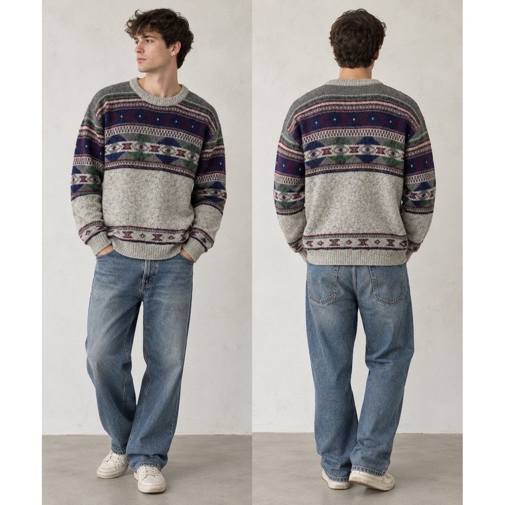 Woolrich Sweater Vintage Fair Isle Geometric Grey Purple Wool Blend M Cabincore